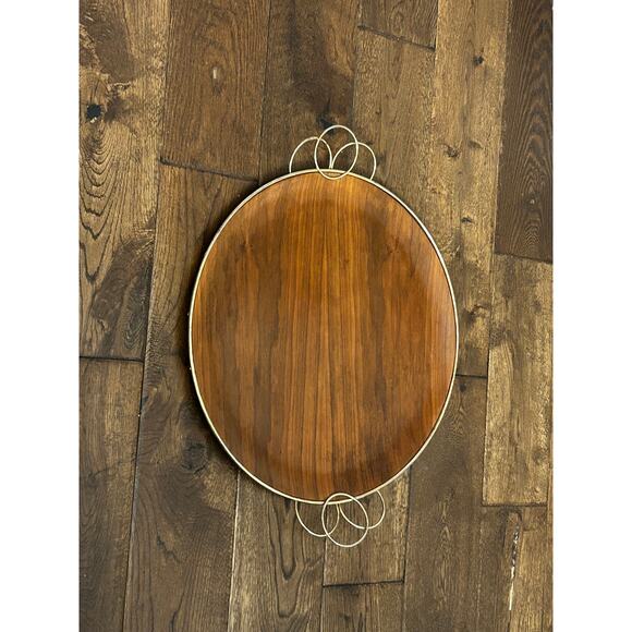 Vintage Brass and Bent Wood Teak Handled Large Serving Decorative Tray MCM 18" - Picture 6 of 11